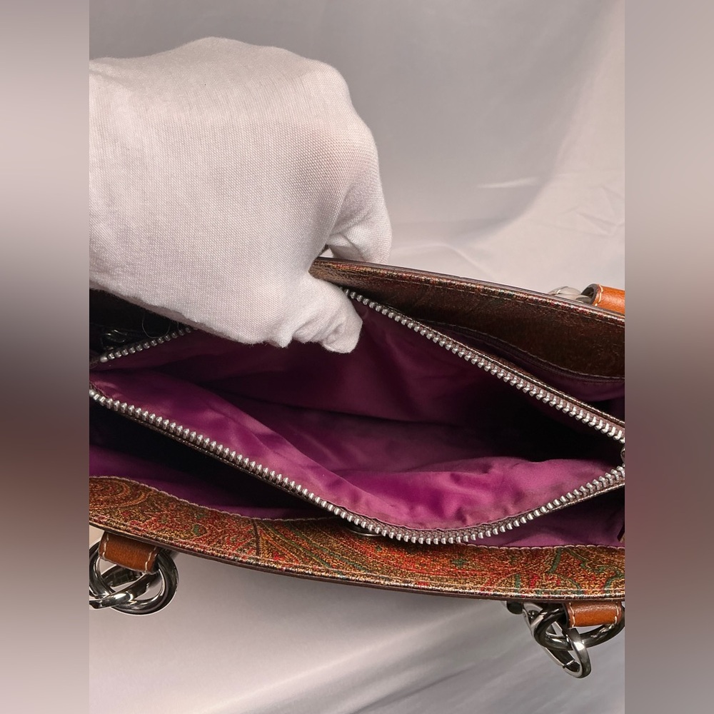 RARE Entro Paisley Handbag Satchel Satin Braided handles Fuchsia Lining vintage - Picture 7 of 16